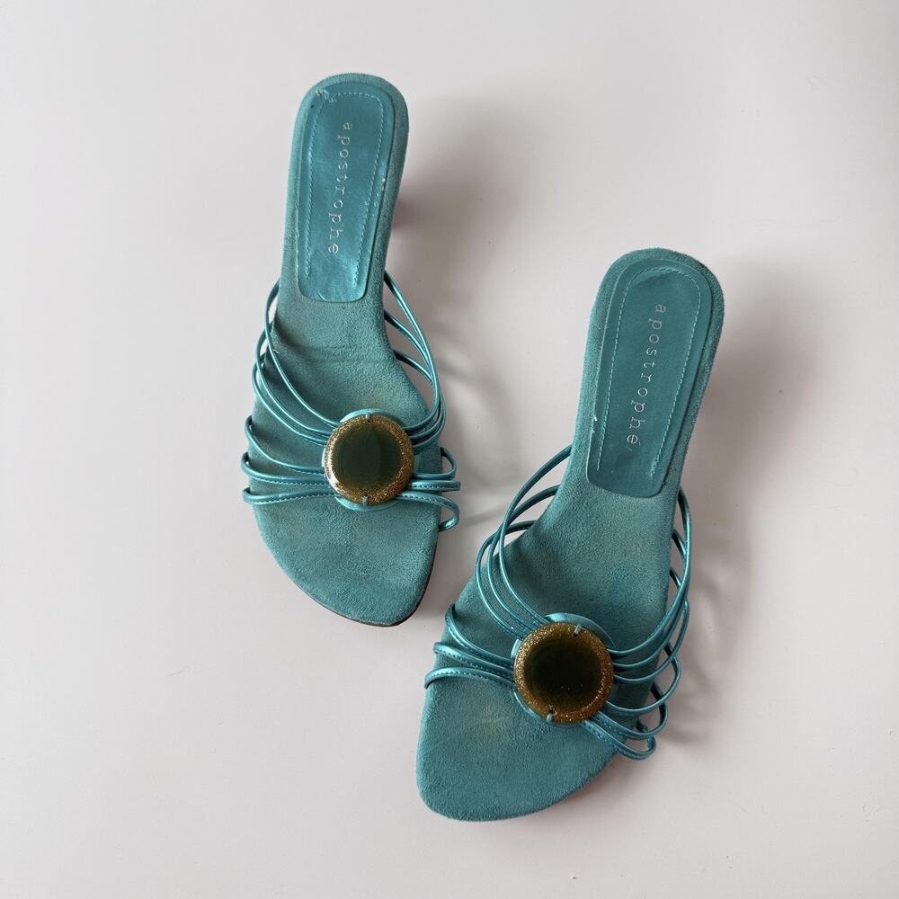 Apostrophe Sandals Womens Size 8 Blue Slide Strappy Medallion Kitten Heel